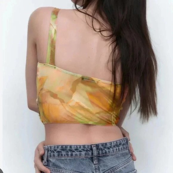 Zara Tulle Corset Top Printed Crop Sheer Underwire Green Orange Small - Picture 4 of 9